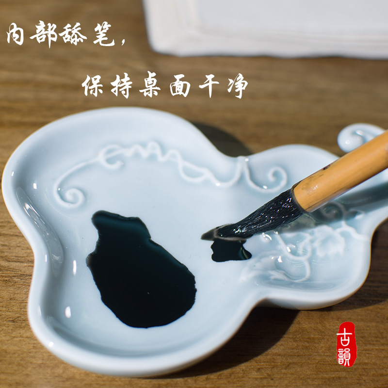 手工雕花葫芦笔舔小楷创意墨碟多功能H笔搁笔架文创陶瓷仿古文房