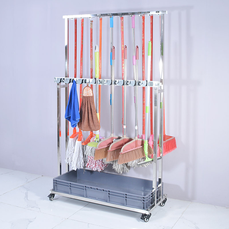不锈钢落地式拖把架墩布扫把挂钩可移动清洁工具收纳整理挂架