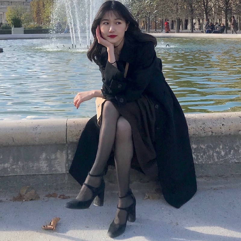 黑色高跟鞋女春秋真皮赫本风复古玛丽珍鞋粗跟浅口一字扣法式单鞋