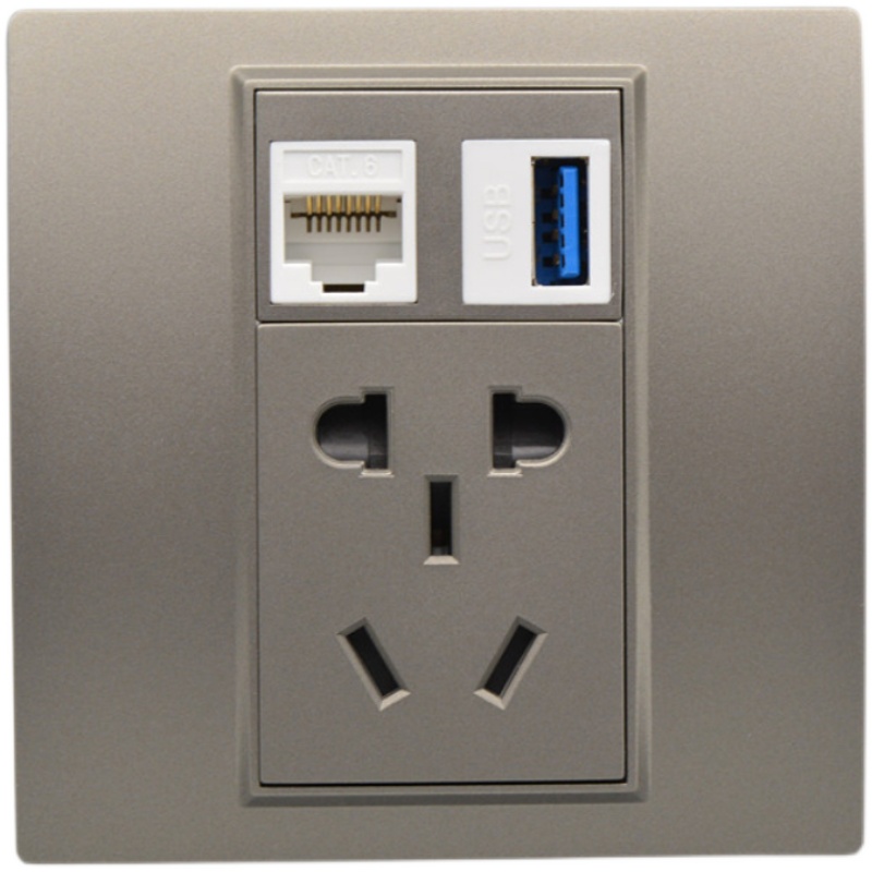 深灰色六类网络USB数据接口带五孔电源插座5孔加千兆电脑网线面板