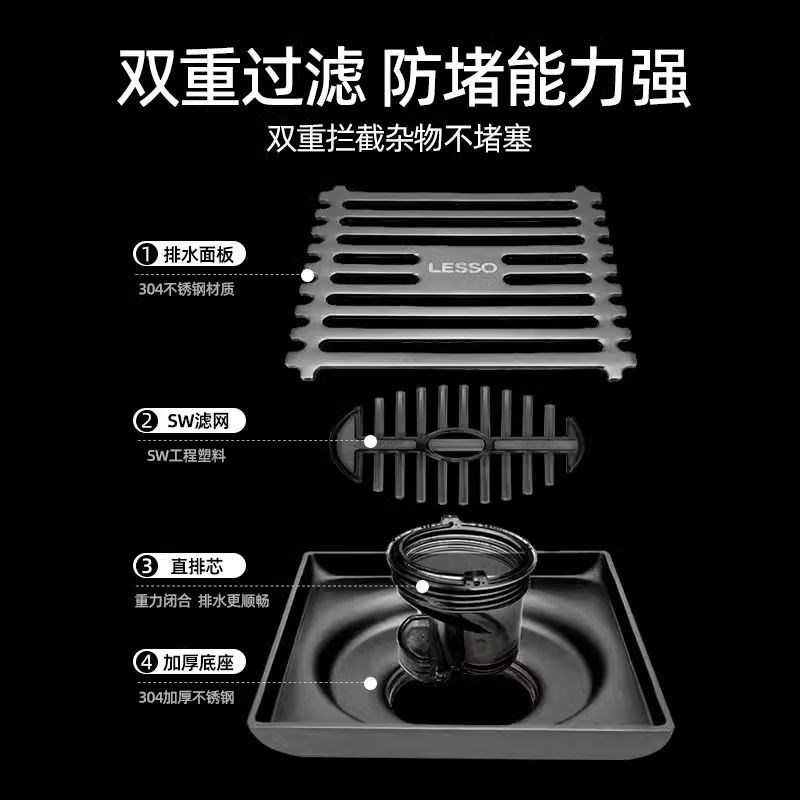 联塑304不g锈钢地漏直排芯淋浴房洗衣机厨房防虫大排量防臭地漏