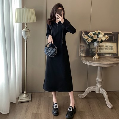 黑色休闲连帽卫衣连衣裙女秋冬季加绒加厚高级感内搭打底过膝长裙