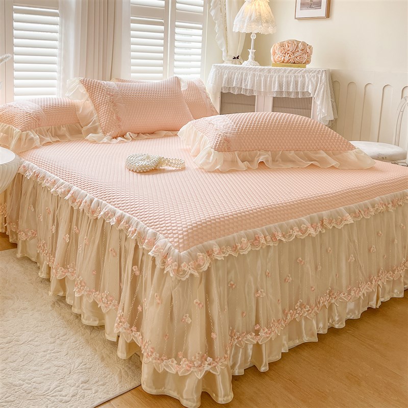 夏季床裙款凉感丝冰豆豆凉席三件套公主风蕾O丝机洗空调软席子少