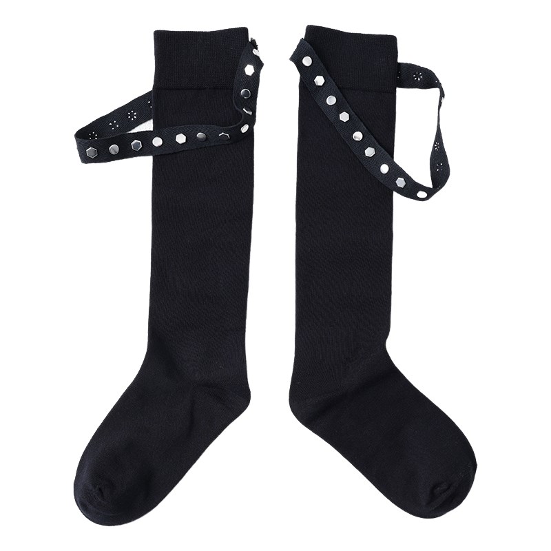 jk小腿款女辣妹飒酷女孩黑色及膝潮流纯棉个性暗黑系工装高筒袜子