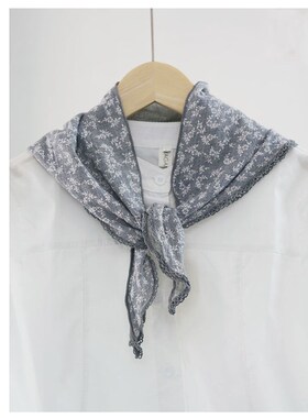 浅灰色棉麻薄款三角巾 女夏季文艺碎花百搭装饰小领巾发带包带