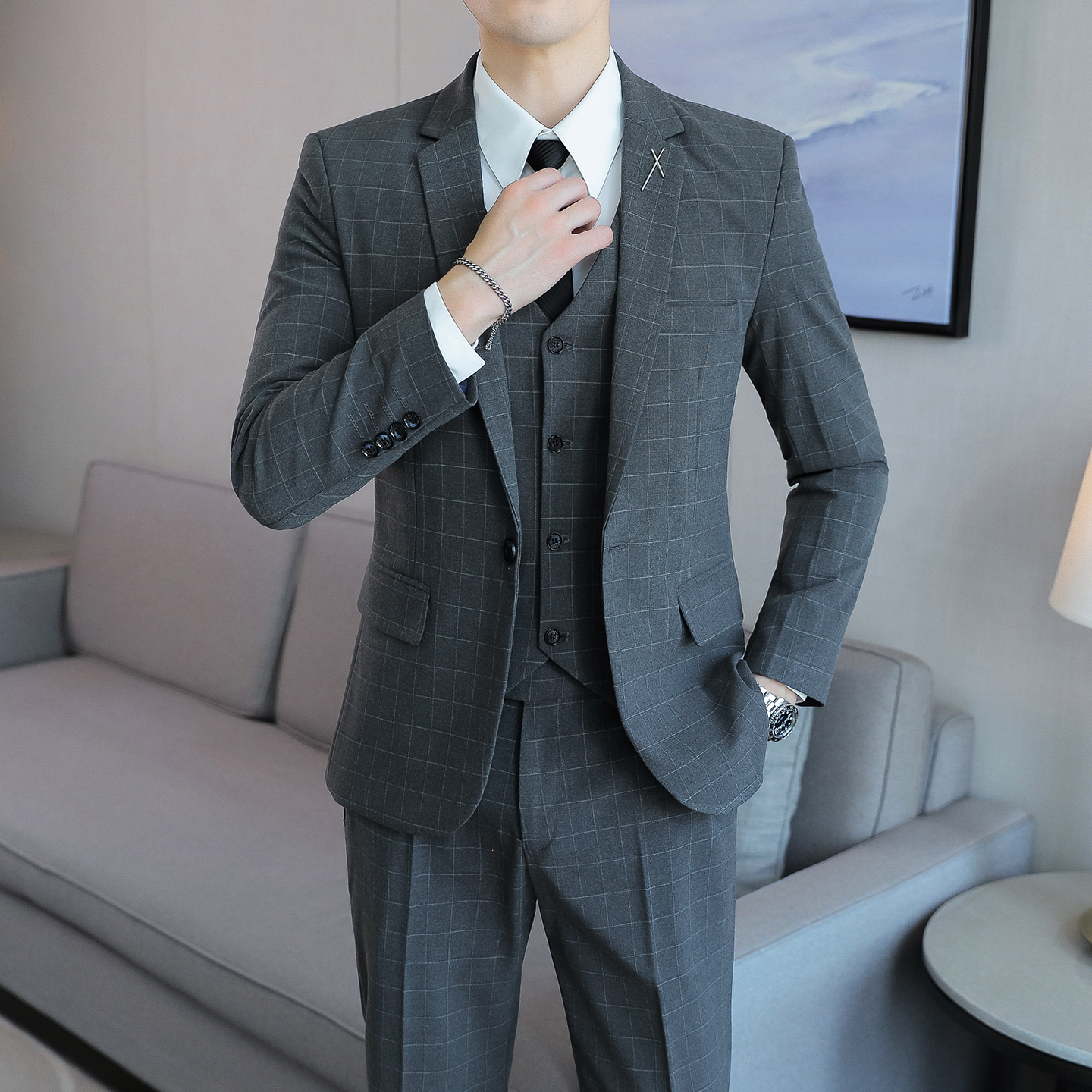 西服套装男韩版修身新郎结婚礼服免烫商务正装职业格子西装三件套