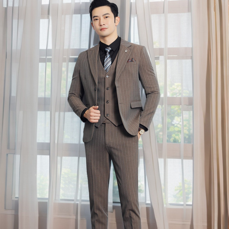 条纹西装男套装休闲职业西服三件套韩版商务正装新郎伴郎结婚礼服