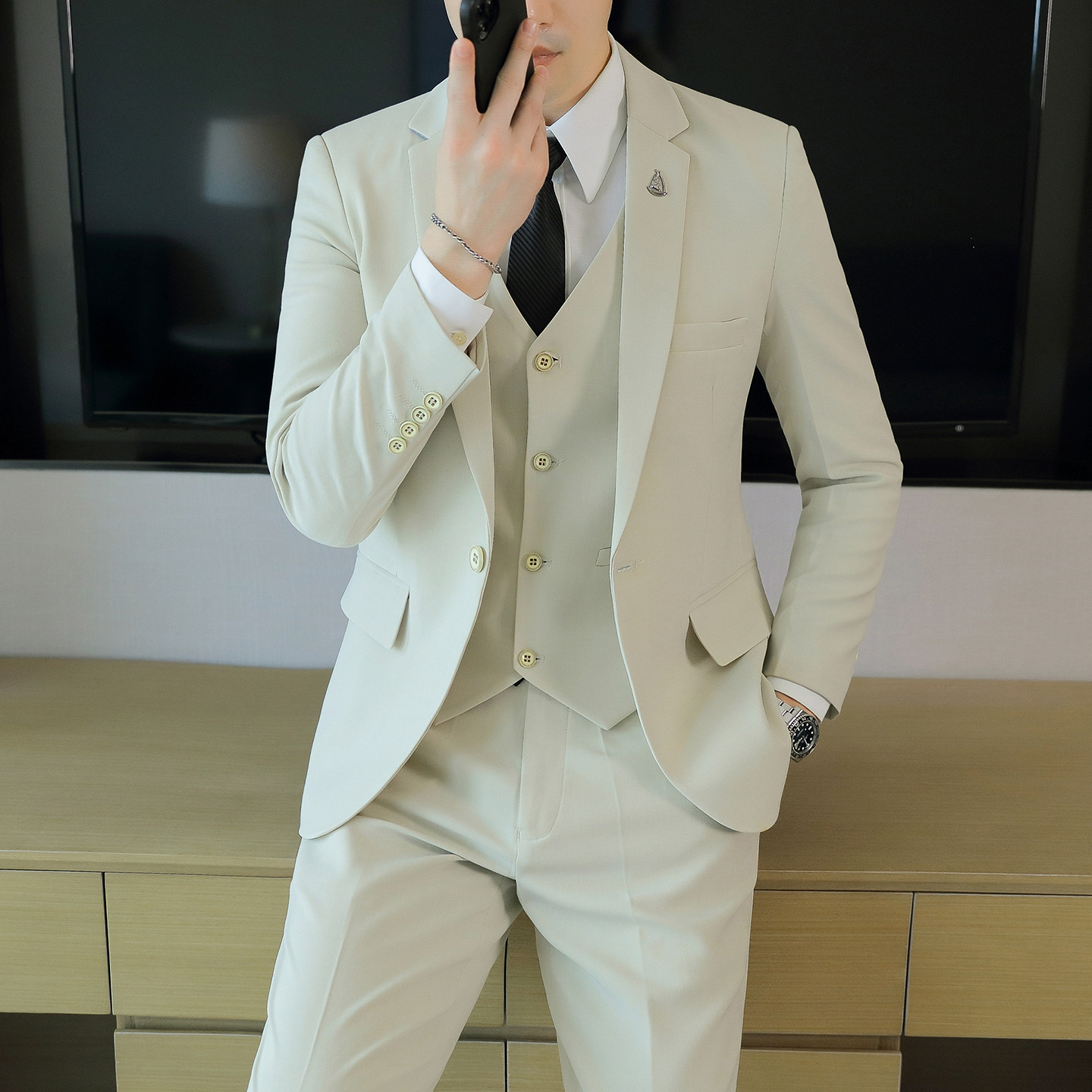 免烫修身帅气新郎礼服西装三件套