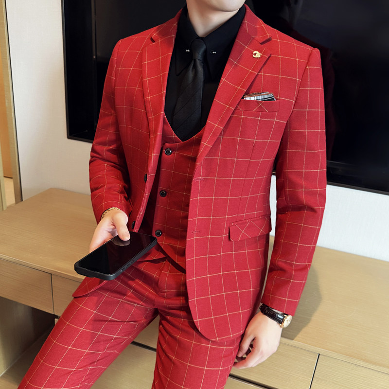 格子修身西装套装男韩版休闲商务正装职业西服三件套新郎结婚礼服