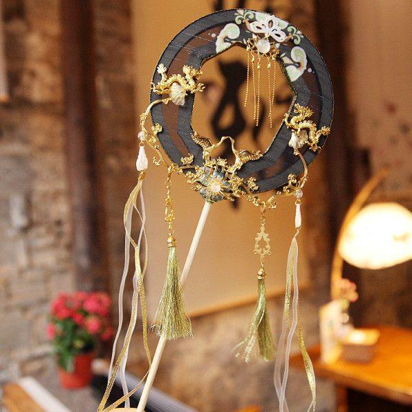 雾黑镂空金色龙纹流苏加长款宫扇子国风复古风宫工艺舞蹈圆形团扇,居家日用,扇子,淘宝优惠券,粉丝福利购,淘宝优惠卷