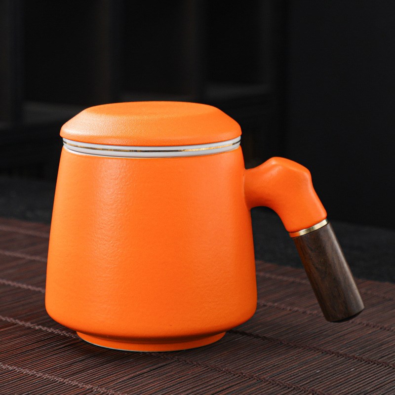 陶瓷杯简约办公杯过滤泡茶u水杯木柄办公杯LOGO公司商务活动礼品