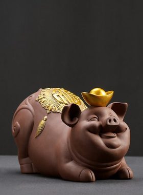 中式创意紫砂摆件大号可爱招财猪 办公室客厅家居陶瓷工艺品装饰