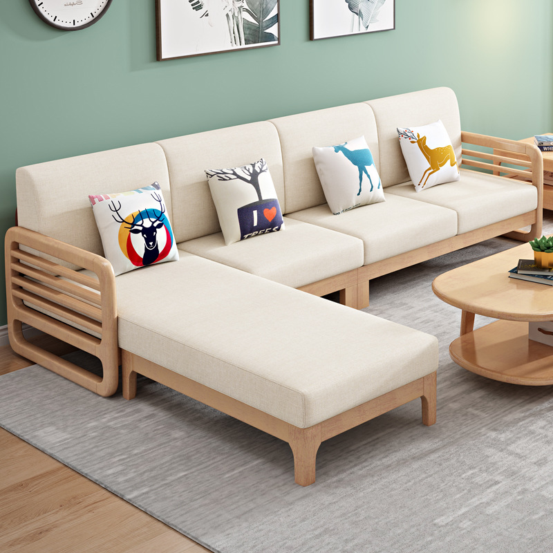 北欧全实木沙发拉床组合简约现代布艺转角贵妃小户型原木客厅家具