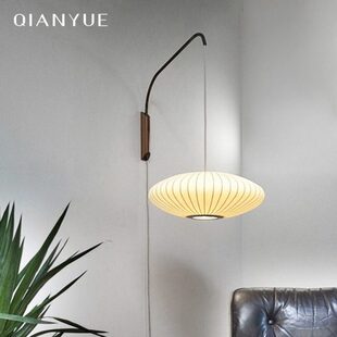 日式壁灯卧室温馨浪漫床头灯蚕丝布艺灯罩带拉线开关客厅禅意壁灯