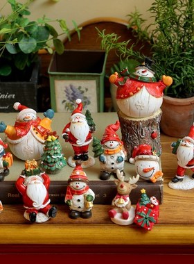 复古彩绘仿木纹圣诞老人雪人圣诞树公仔节日送礼氛围W家居装饰摆
