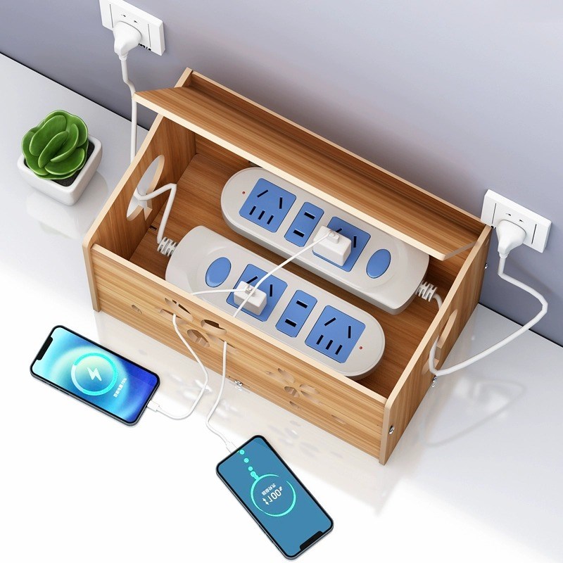 插线板收纳盒家庭电源线插排整理盒桌面电线插座集线盒理线盒木质