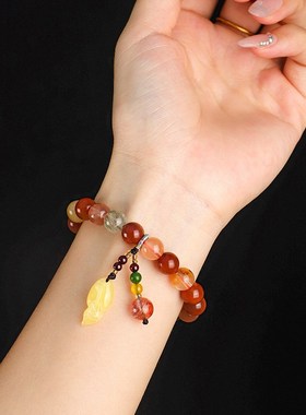 新中式福禄寿h串珠水晶手链女文艺复古原创蜜蜡树叶手串首饰