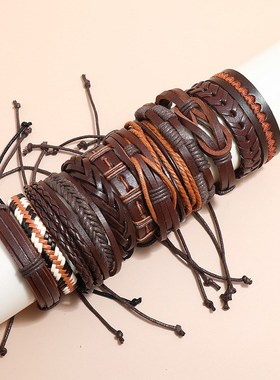 跨境新款饰品简约编织复古牛皮手链diy组M合12件套欧美男女手环