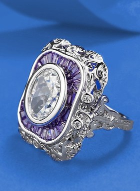 珠宝新款S925银高碳钻白G色戒指9*11Omm椭圆冰花切欧美跨境