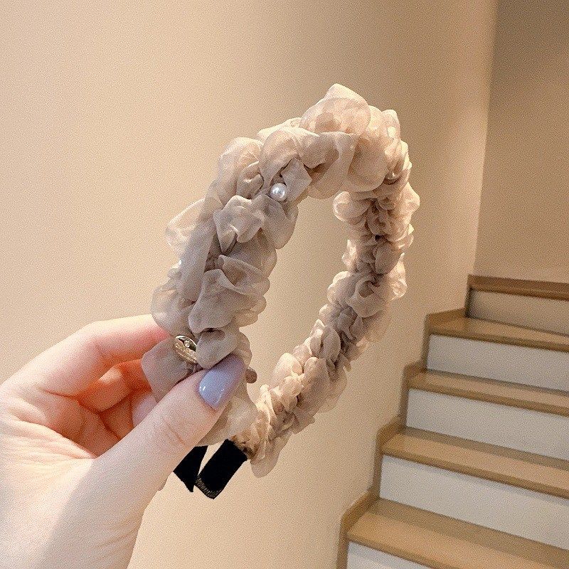 仙气网纱褶皱珍珠发箍2024年新A款网红压发头箍简约气质头饰发卡