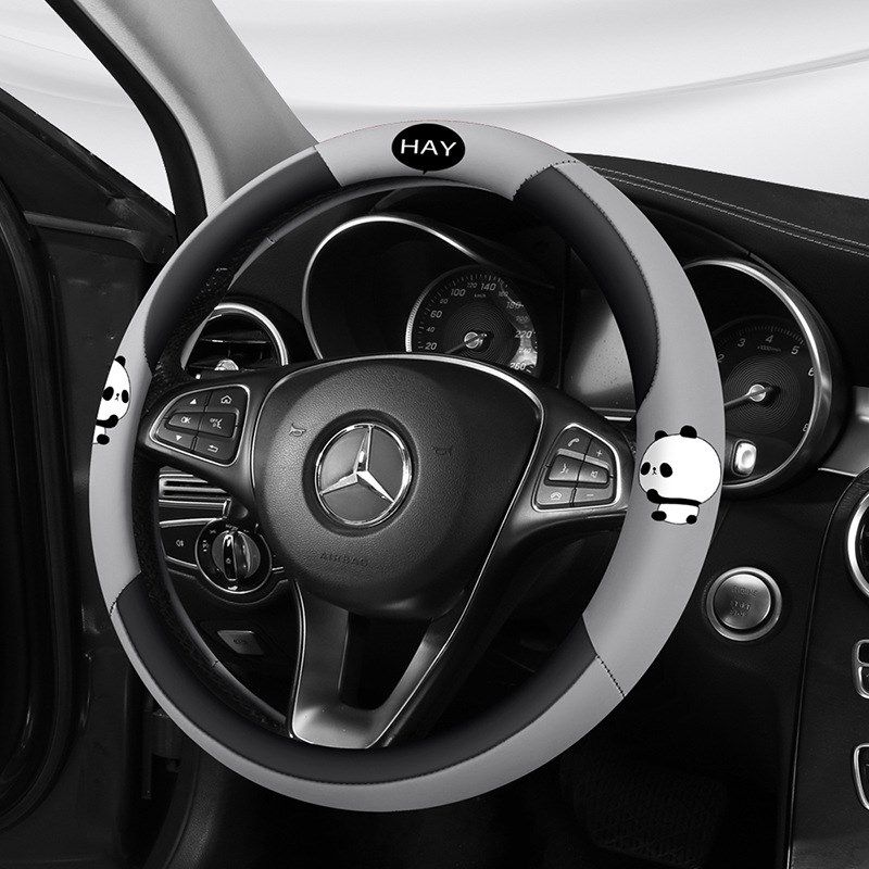 2024年新款卡通l熊猫皮革新款汽车方向盘套透气防滑吸汗冰丝通用
