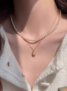 双层叠戴玻璃珍珠项链时s尚气质网红豌豆淡水珍珠吊坠高级感链颈