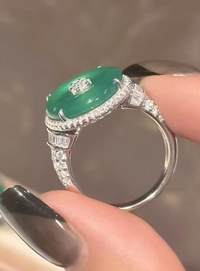 珠宝S925银o戒指高碳钻新中式系列绿玉髓平安扣戒指环时尚女