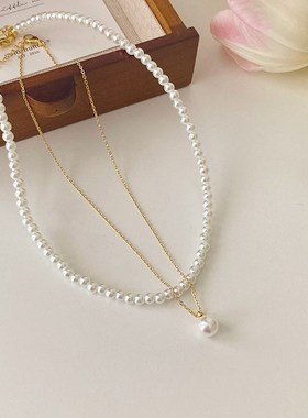 双层叠带高亮珍珠项链女韩版时尚设计感I一款两带仿珍珠气质锁骨