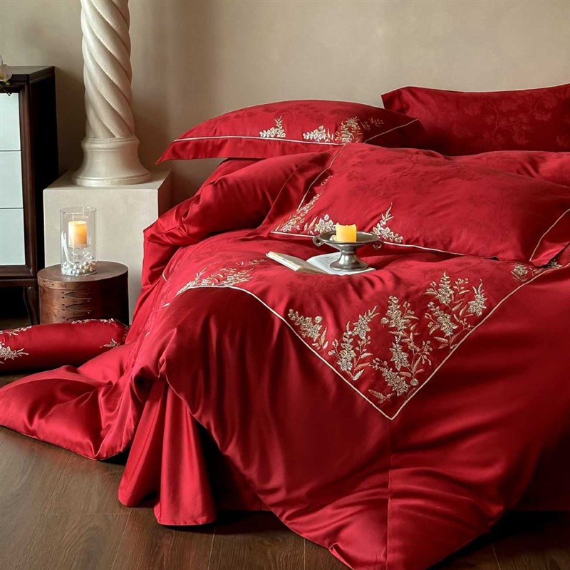 浪漫婚庆100支双股澳棉刺绣四件套纯棉提花结婚大红被Z套喜嫁床品