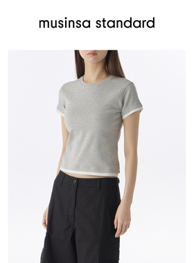 韩国26春季新品潮流撞色叠层拼色女士短袖T恤musinsa standard