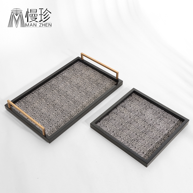 简约现代黑白斜纹毛皮木质钢琴烤漆收纳托盘家居样U板房高级感摆