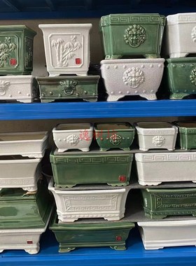 复古绿色白色冰裂釉浮雕兽头长方四方椭圆六角形T陶瓷石湾盆景花