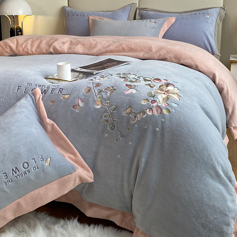 轻奢牛奶绒床上四件套冬季刺绣y简约法兰珊瑚绒面床品加厚被套床