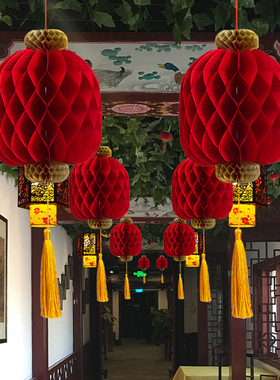 2024新款龙年大红灯笼挂件新年装饰蜂窝宫灯挂饰S过年春节大门布