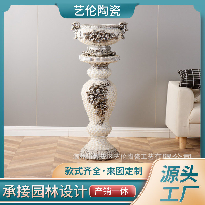 欧式玻璃钢落地大花瓶贴珠家居复古插花盆器酒店罗马柱装饰品摆件