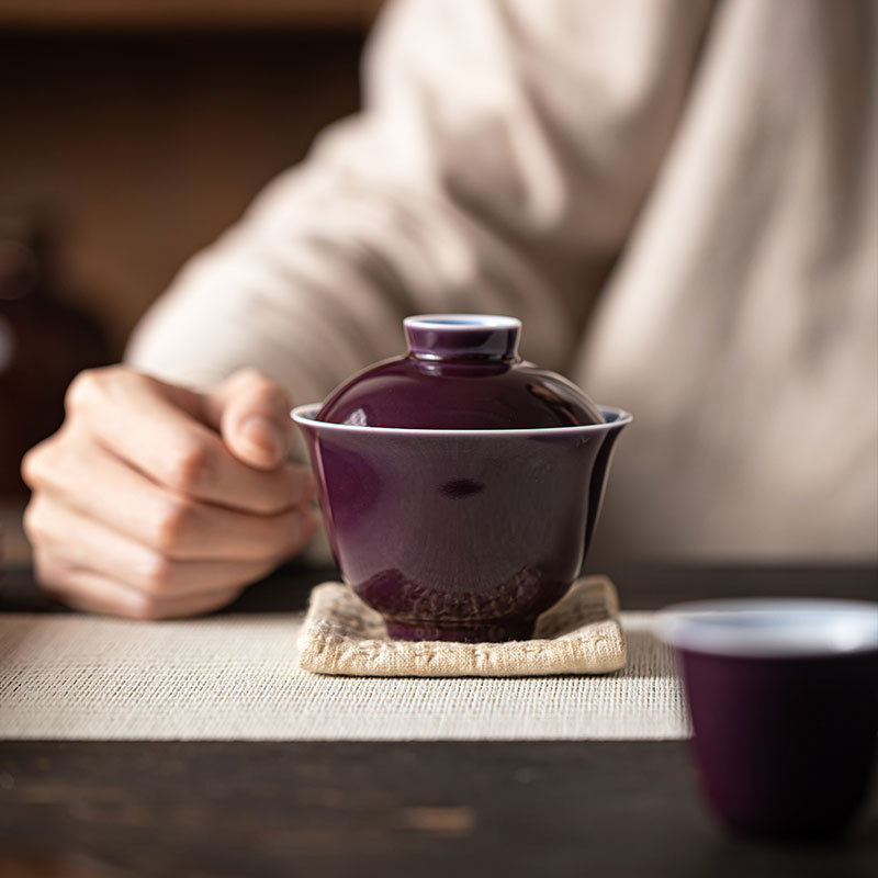 葡萄紫手绘双线盖碗泡茶杯单个家用二才泡茶碗陶瓷不烫手盖碗茶具