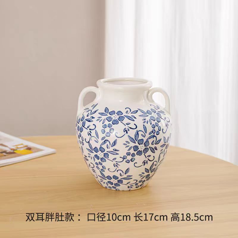 新中式青花瓷复古花瓶陶瓷创意插花器客厅玄关装饰品摆件干花