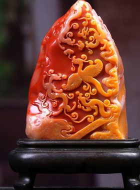 湘崎雀寿山石龙凤呈祥摆件浮雕结晶创意客厅办公装饰摆设工艺品