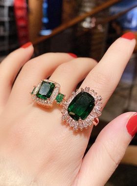 复古奢华满钻祖母绿宝石戒指欧美气质个性夸张开口可调节食指指环