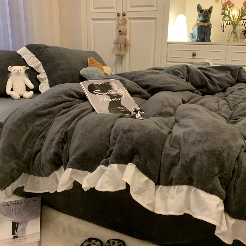 韩式简约风灰色保暖牛奶绒t床上四件套珊瑚绒床单款1.2m单人三件