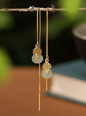 中国风钱币葫芦镀金色耳r线嵌仿和田青玉长款耳坠招财纳福女耳饰