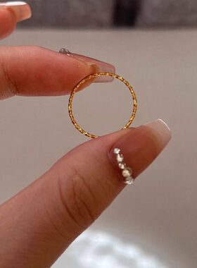 可水洗！金闪闪压纹精致不掉色素圈戒指女小众设计叠戴百搭指环