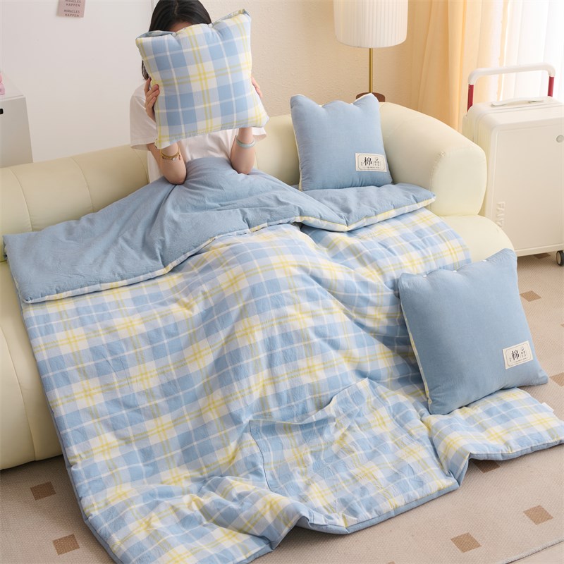 全棉色织格子水洗抱枕被子两用二合一学生午睡折叠毯纯棉空调被夏