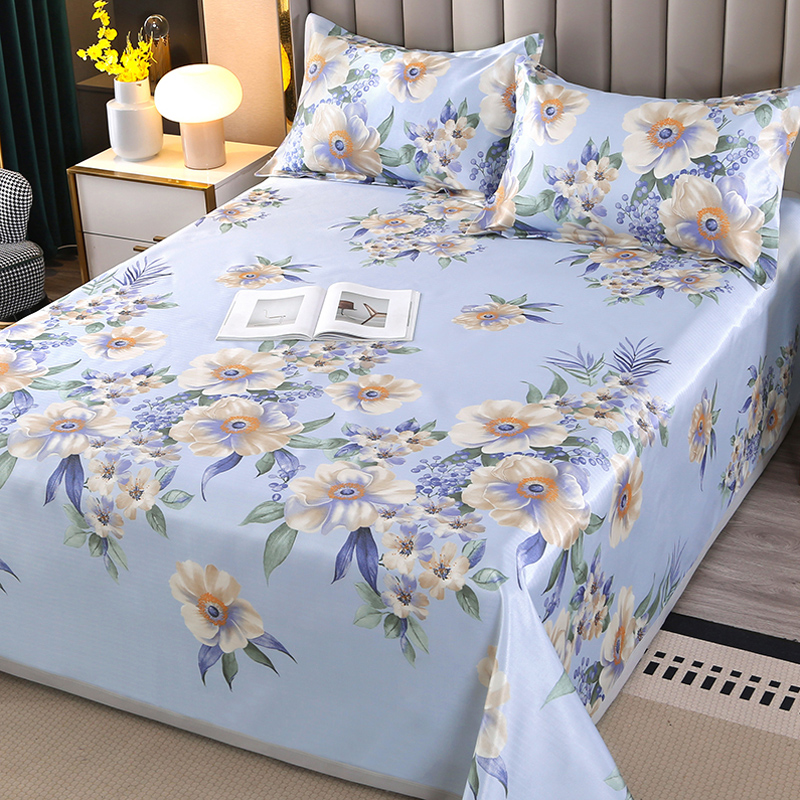 夏季提花冰丝席床单式三件套夏天凉席田园风可机水洗折叠空调软席