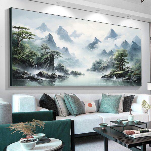 2024新款山水风景画新中式客厅沙发背景墙挂画一整幅大气装饰壁画