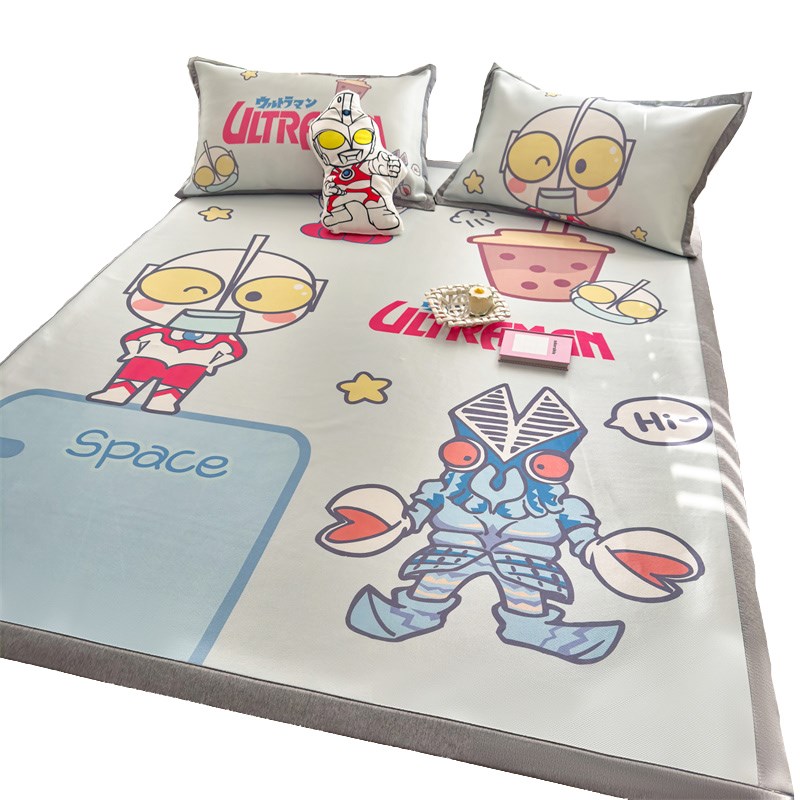 奥特曼冰丝凉席三件套卡通印花空调席夏季儿童可折叠软席子单双人