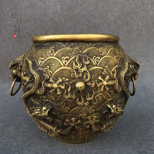 大号缸纯铜二龙戏珠缸招财缸仿古做旧铜器大缸龙缸黄铜招财缸摆件
