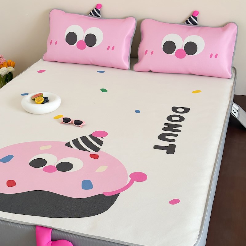 卡通甜甜圈冰丝席三件套900D夏季空调软凉席子床笠款可水洗折叠