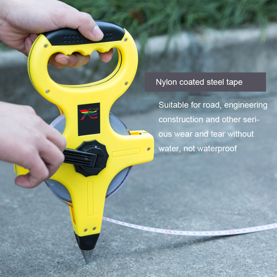 源头厂家批发测量工具圆盘30米50米100米 玻璃纤维布卷尺黄壳皮尺