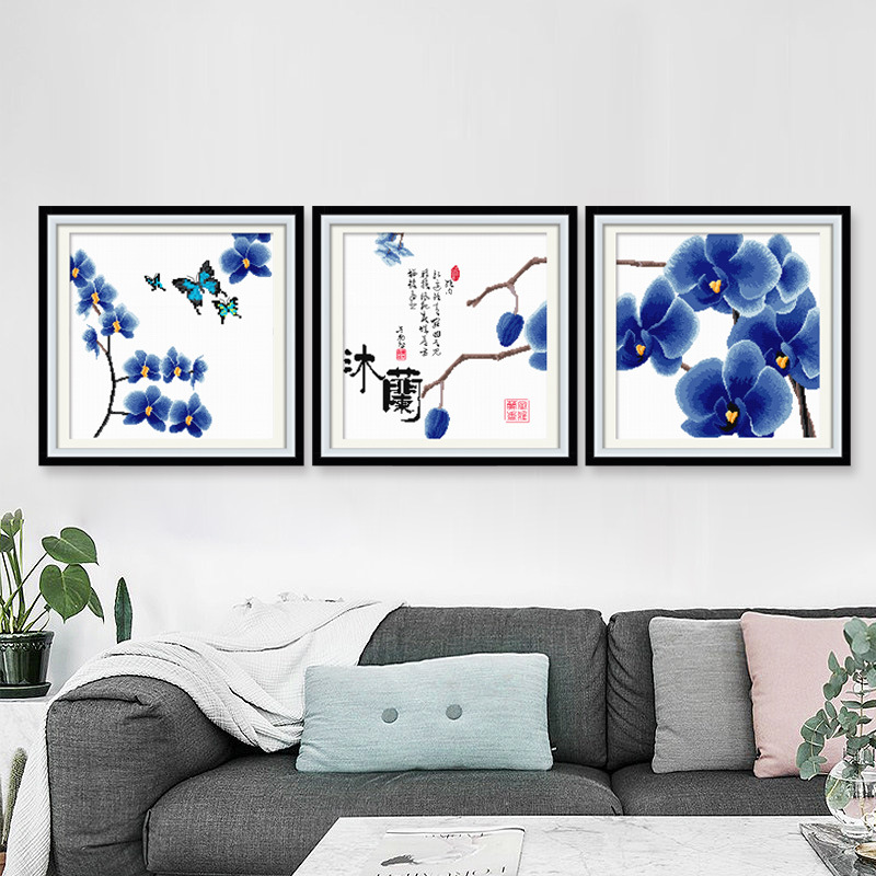 十字绣客厅简约现代三联画刺绣玉兰花家用线绣新款工厂直销